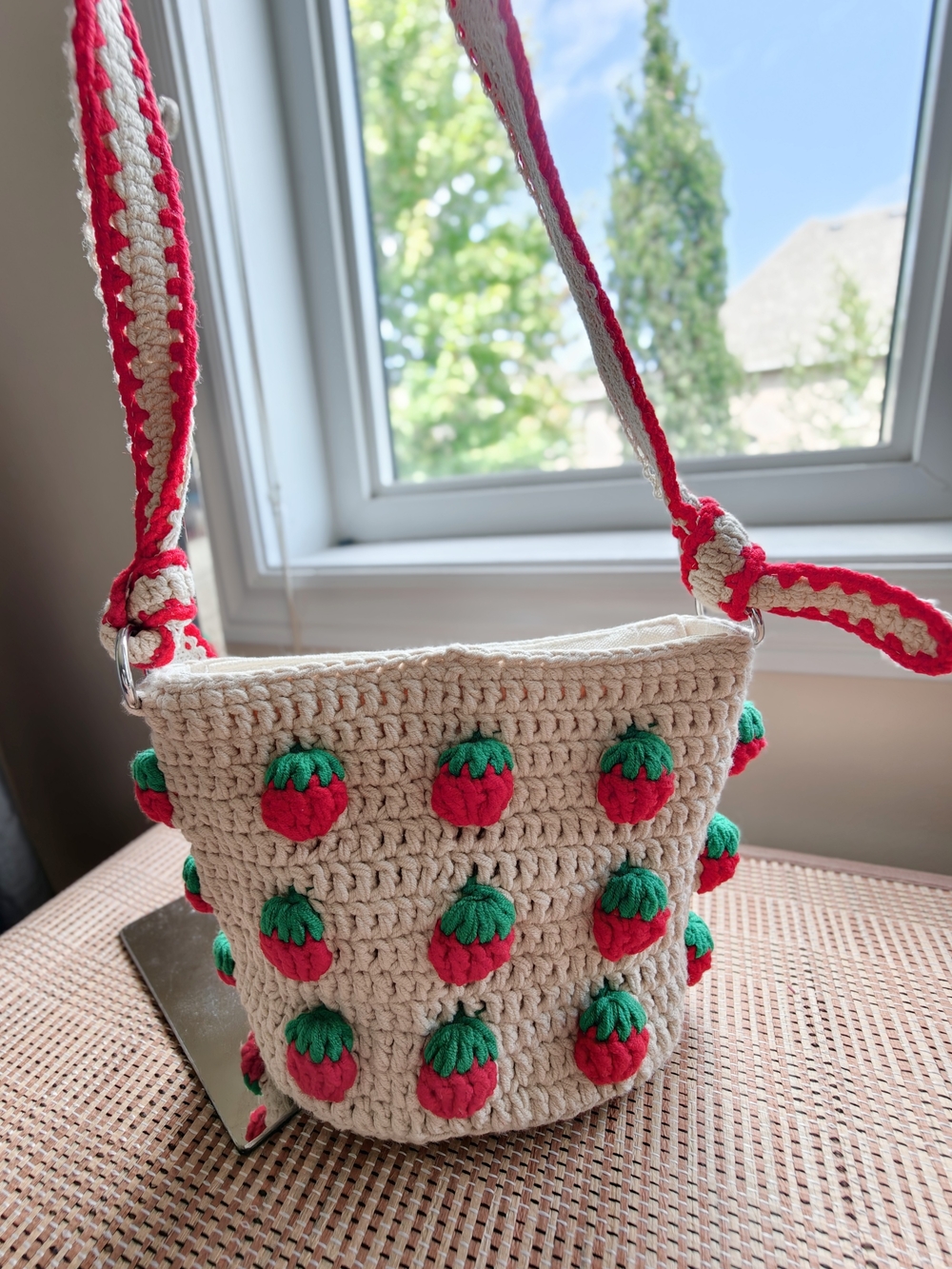 Handmade Cream Crochet Strawberry Crossbody Bag with Red Strap, Boho Tote Bag - Picture 4 of 14